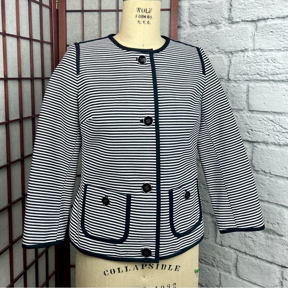 Black and White Stripe Suit Coat Business Jacket Ladies Work Talbots 2P Blazer - Picture 1 of 10